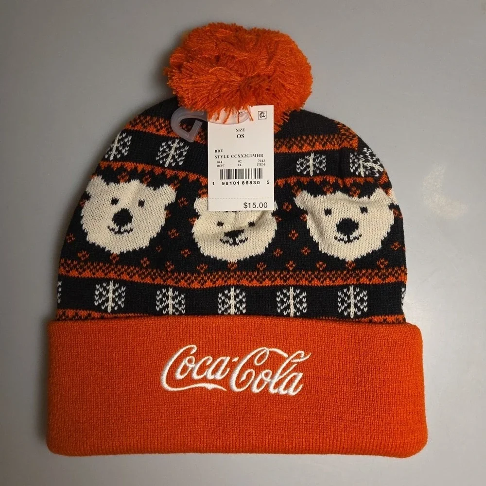 Coca Cola Beanie Knit Adult Red White One Size‎ Pom Pom Winter Hat Outdoor NEW